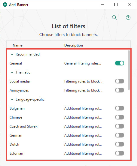 Configuring Anti-Banner filters in Kaspersky Total Security 19