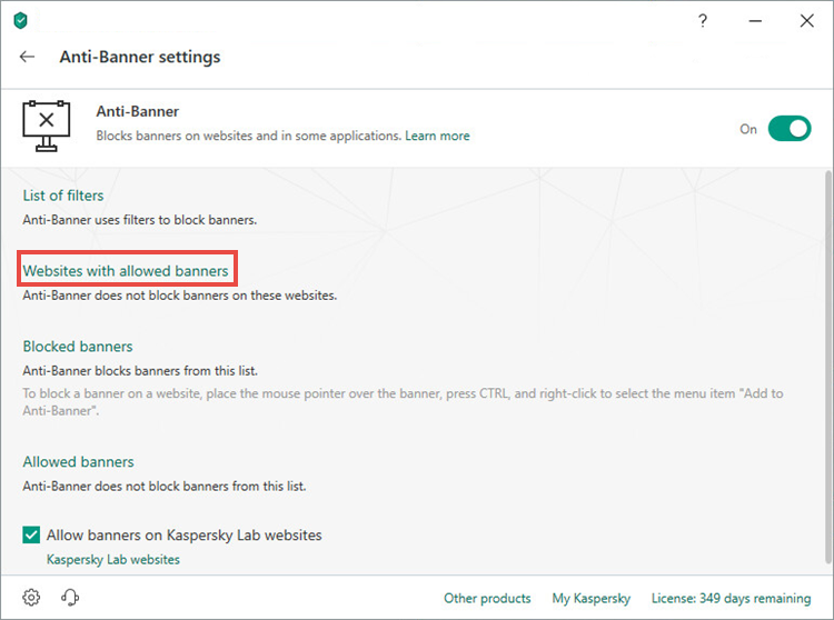 Setting up allowed banners in Kaspersky Total Security 19