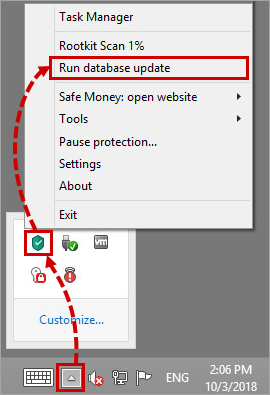 Updating the Kaspersky Total Security 19 databases via the toolbar