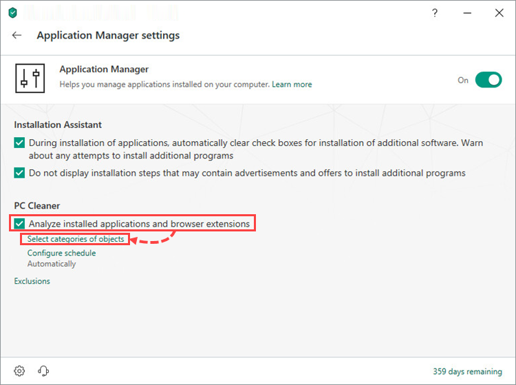 Selecting categories of objects for analysis in Kaspersky Total Security 19