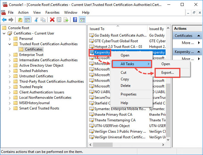 Exporting the Kaspersky Lab certificate