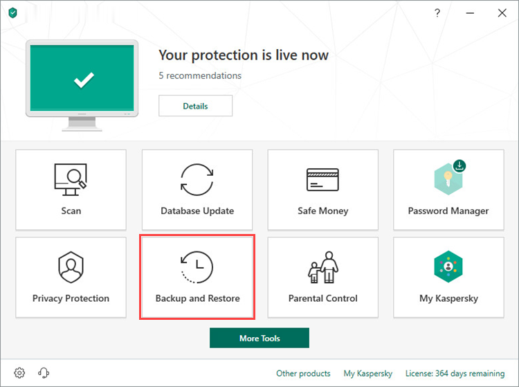 Opening the Backup and Restore window in Kaspersky Total Security 19