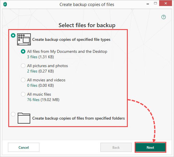 Selecting files for backup in Kaspersky Total Security 19