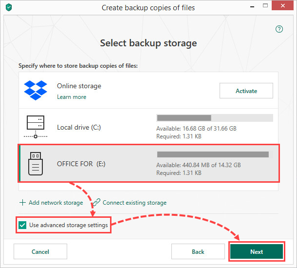 Selecting a removable drive for creating file backups in Kaspersky Total Security 19