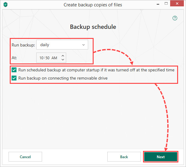 Setting a backup schedule in Kaspersky Total Security 19