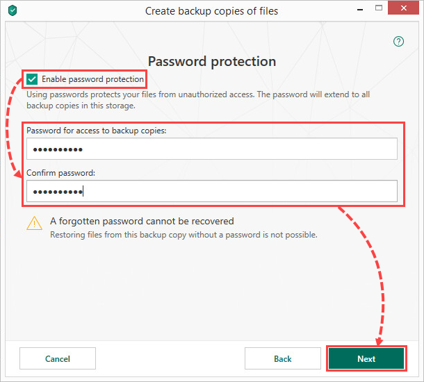 Creating a storage password in Kaspersky Total Security 19