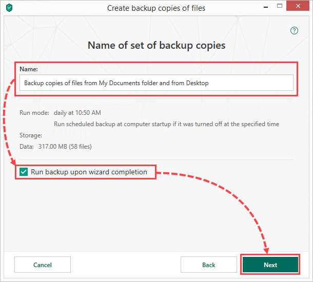 Running a backup in Kaspersky Total Security 19