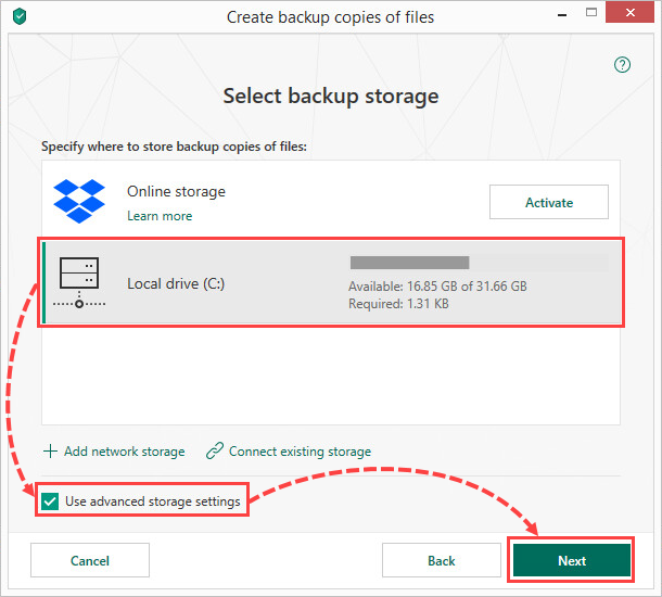 Selecting a local drive for creating file backups in Kaspersky Total Security 19