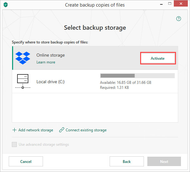 Activating the Dropbox online storage in Kaspersky Total Security 19