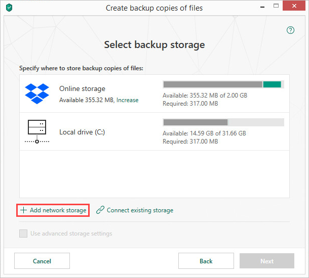 Adding a network storage in Kaspersky Total Security 19