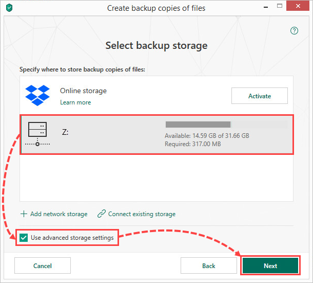 Selecting a network storage for creating file backups in Kaspersky Total Security 19