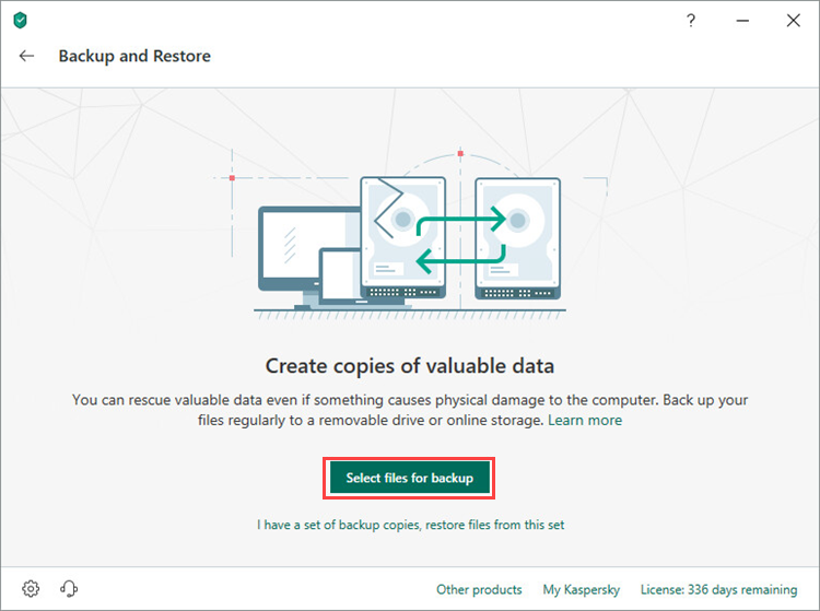 Opening the Select files for backup window in Kaspersky Total Security 19