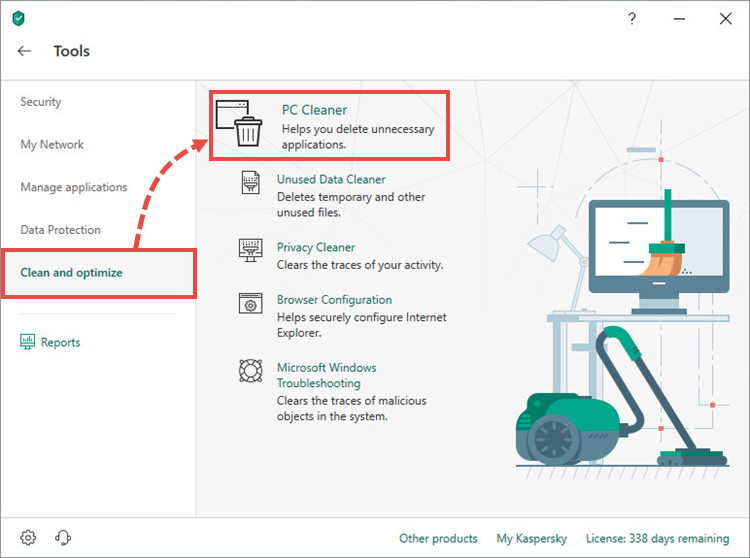 Opening the Software cleaner tool in Kaspersky Total Security 19