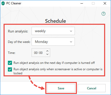 Configuring the schedule for the tool in Kaspersky Total Security 19