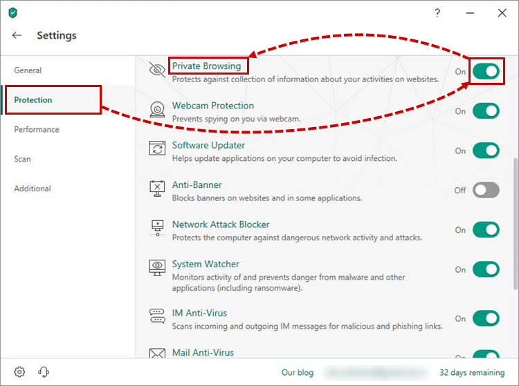 Opening Private Browsing settings in Kaspersky Security Cloud 19