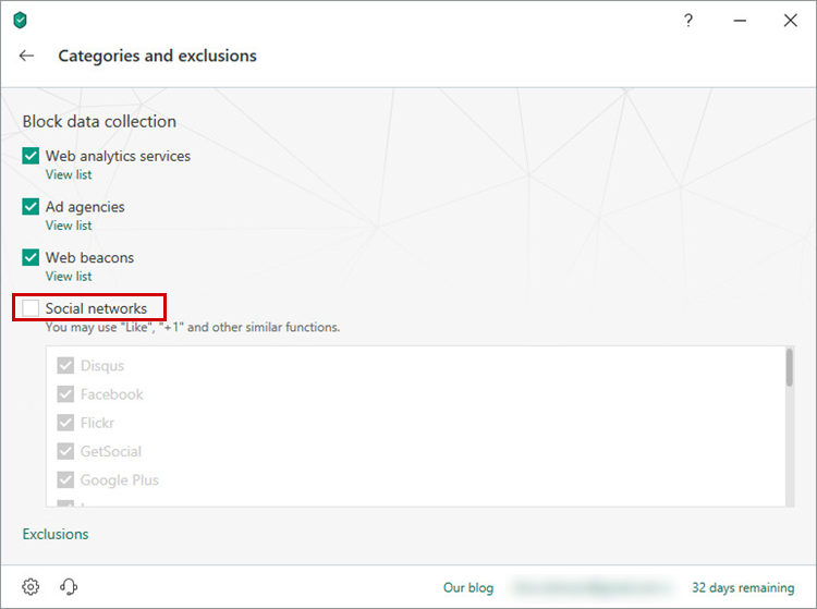 Adding social networks to the Private Browsing exclusions list in Kaspersky Security Cloud 19