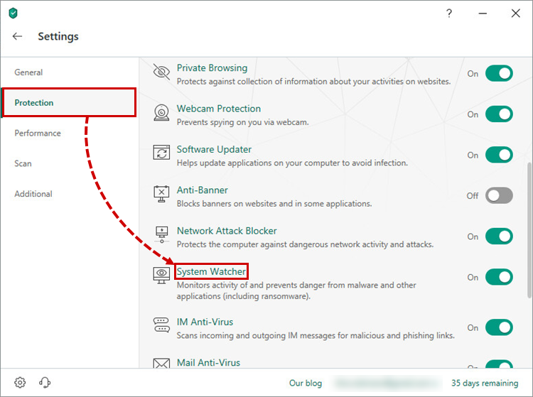 Opening System Watcher settings in Kaspersky Total Securitу 19