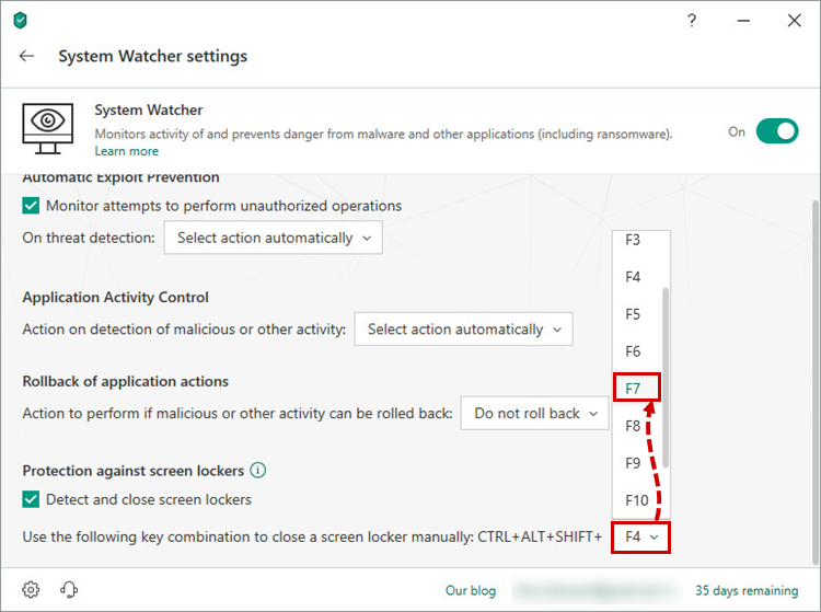 Selecting a hotkey for protection against screen lockers in Kaspersky Total Securitу 19