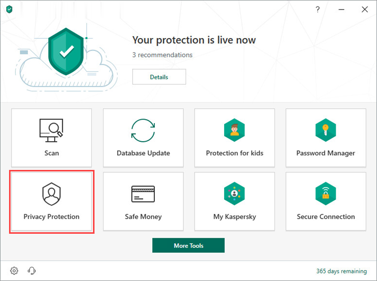 Opening the Privacy Protection window in Kaspersky Security Cloud 19