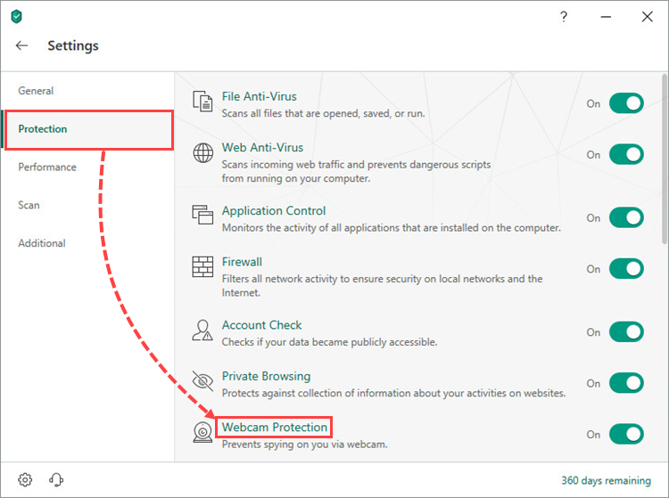 Opening the Webcam Protection section in Kaspersky Internet Security 19
