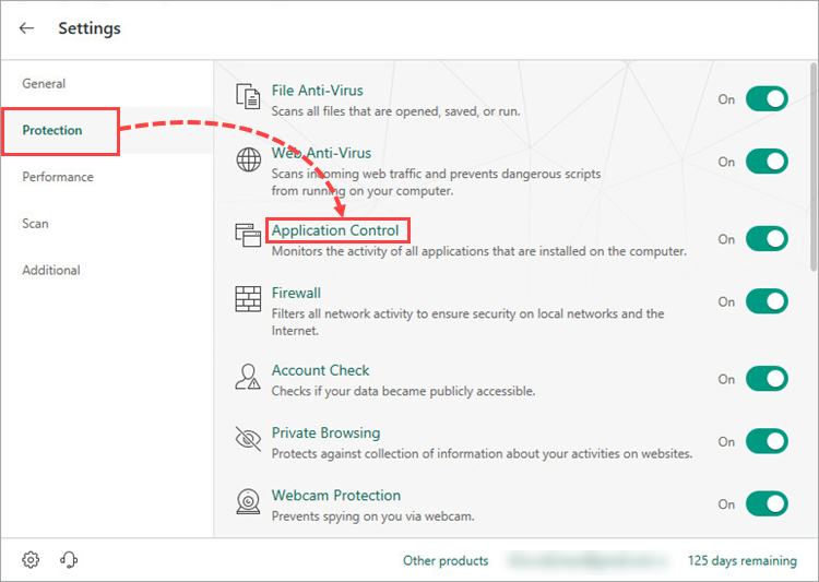 Opening the Application Control window in Kaspersky Security Cloud 19