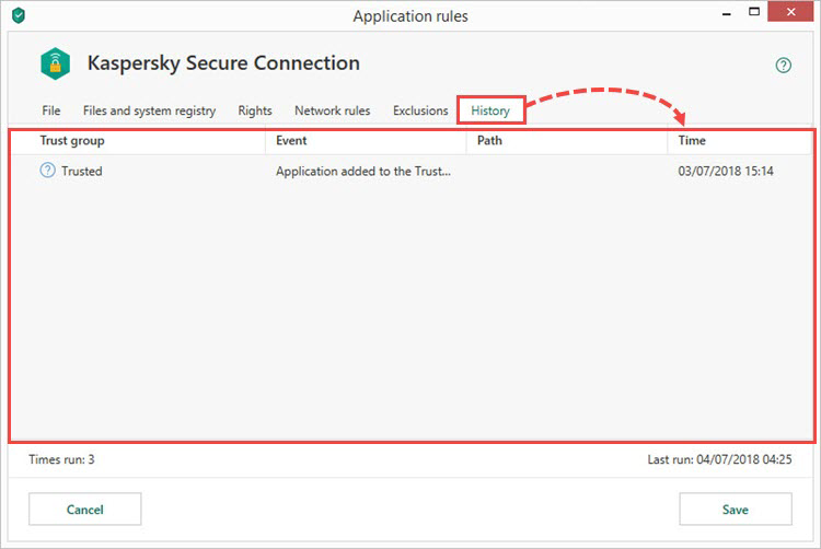 Viewing Kaspersky Security Cloud 19 application history
