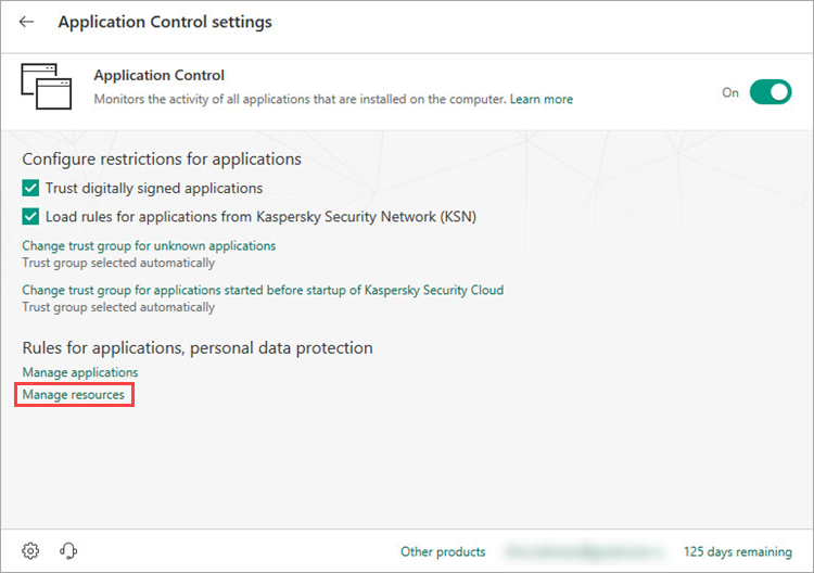 Opening the resources settings window of Kaspersky Security Cloud 19