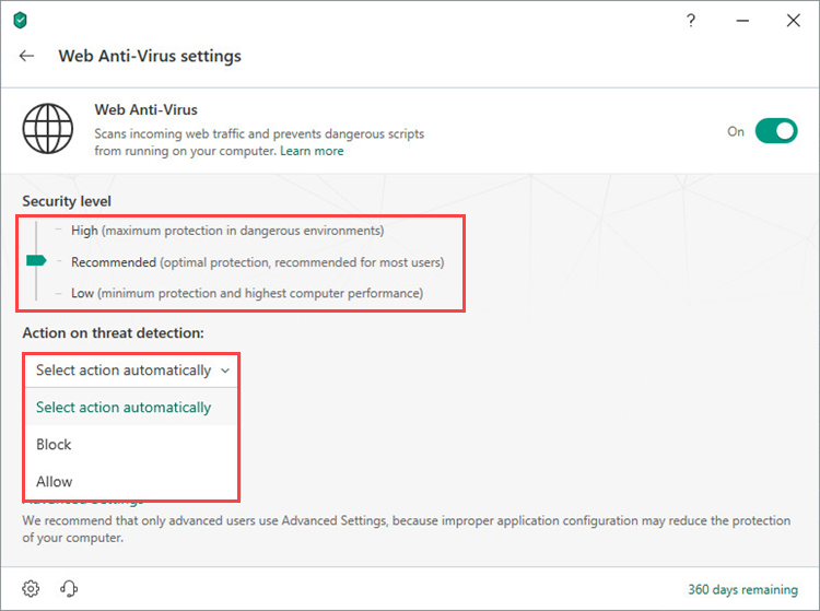 Selecting a security level and an action on threat detection in Kaspersky Security Cloud 19