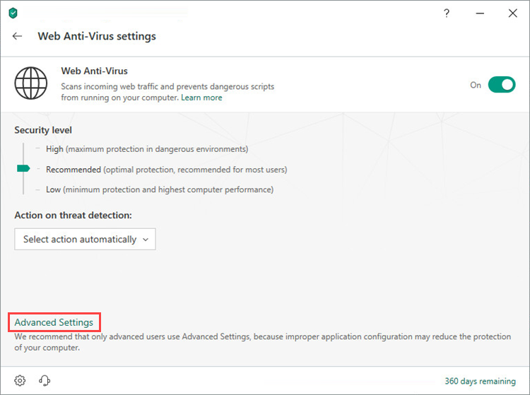 Opening the advanced Web Anti-Virus settings window in Kaspersky Security Cloud 19
