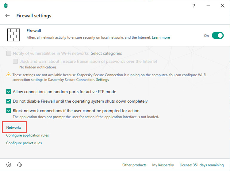 Opening the network settings window of Kaspersky Security Cloud 19