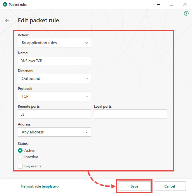 Changing the settings of a packet rule in Kaspersky Security Cloud 19