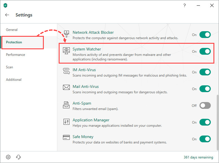 Opening the System Watcher settings window of Kaspersky Security Cloud 19