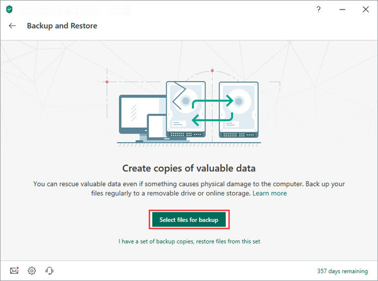 Opening the Select files for backup window in Kaspersky Security Cloud 19