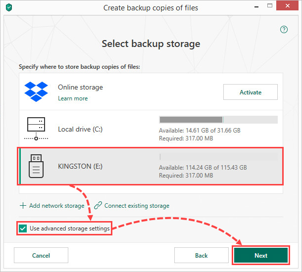 Selecting a removable drive for creating file backups in Kaspersky Security Cloud 19