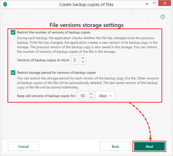 Configuring storage settings in Kaspersky Security Cloud 19