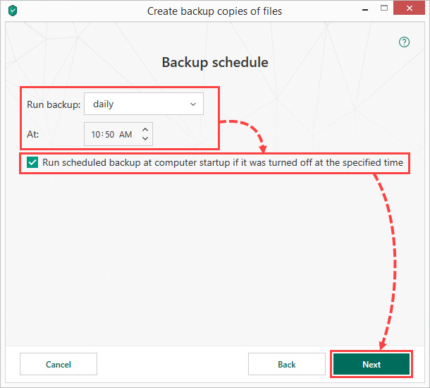 Setting a backup schedule in Kaspersky Security Cloud 19