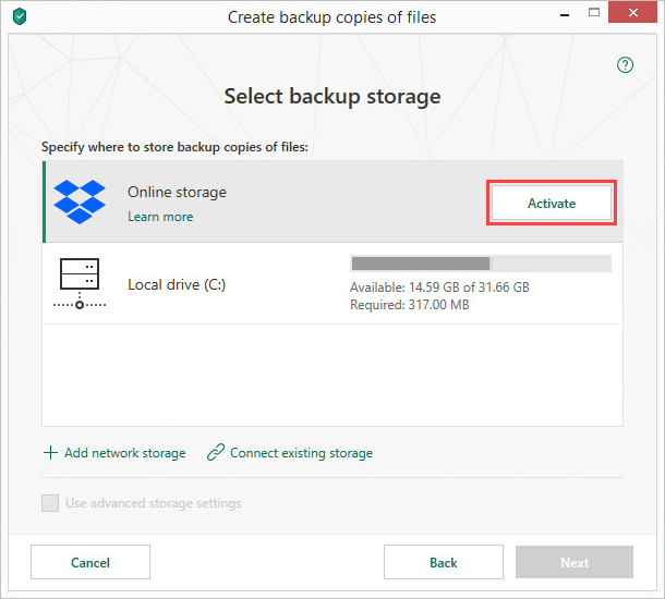 Activating the Dropbox online storage in Kaspersky Security Cloud 19