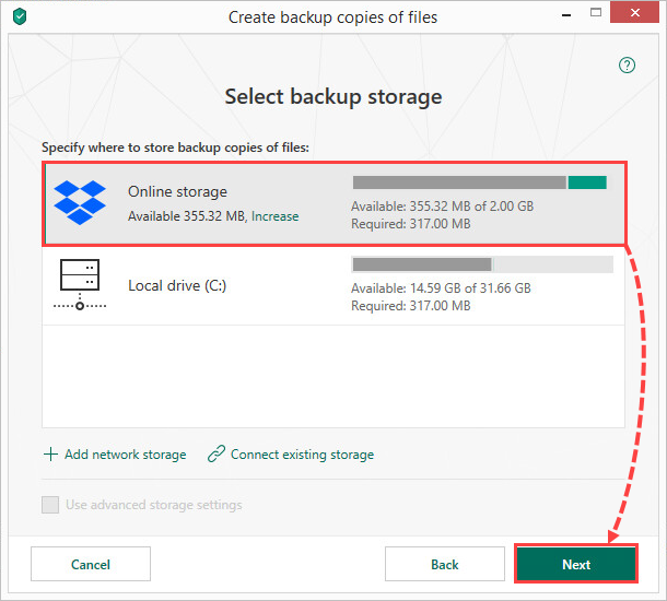 Selecting an online storage for creating file backups in Kaspersky Security Cloud 19
