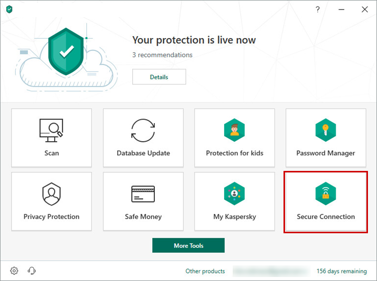 Opening Secure Connection in Kaspersky Security Cloud 19