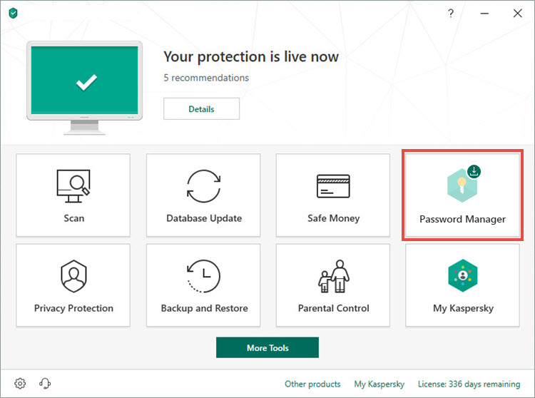 Opening Password Manager in Kaspersky Total Security 19