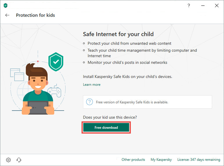 Kaspersky Safe Kids in the main window of Kaspersky Security Cloud 19