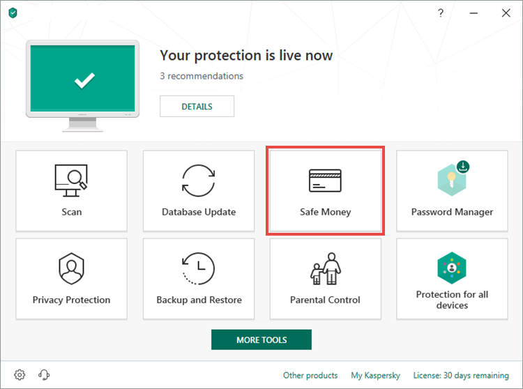 Opening the Safe Money window of Kaspersky Total Security 19