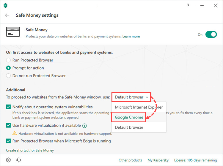 Selecting the browser to open Safe Money in Kaspersky Total Security 19