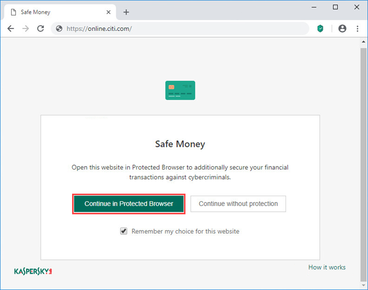 Opening the banking webpage in the browser with the Kaspersky Protection extension installed