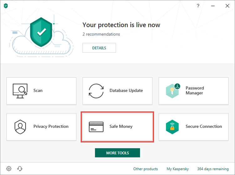 Opening the Safe Money window of Kaspersky Security Cloud 19