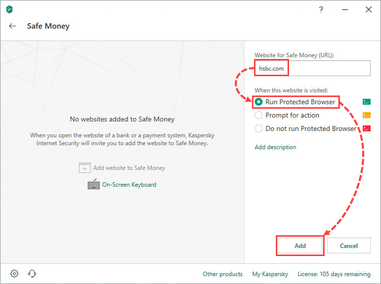 Opening the Safe Money settings window of Kaspersky Security Cloud 19