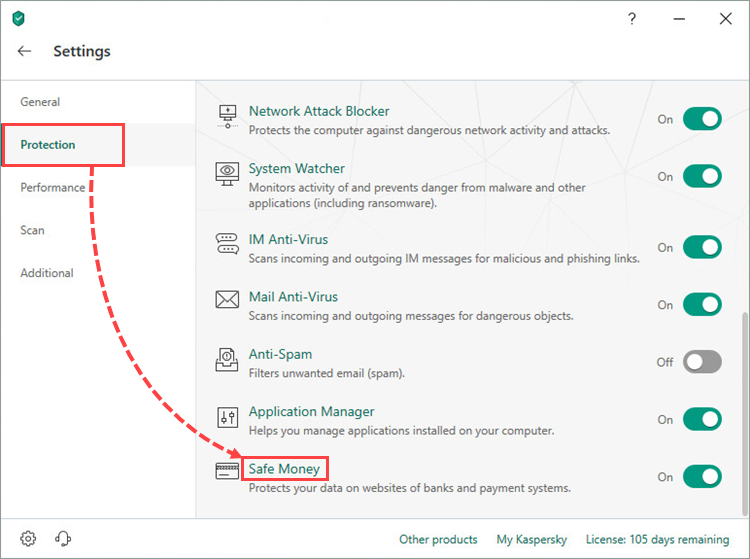 Opening the Safe Money settings window of Kaspersky Security Cloud 19