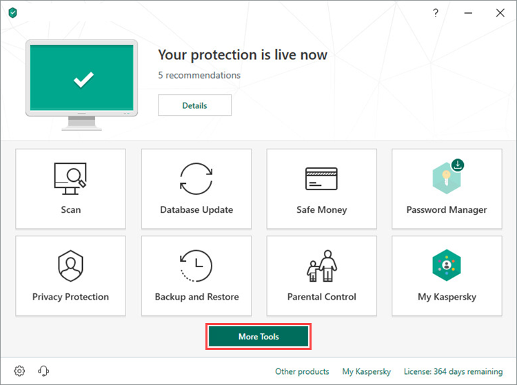 Opening the Tools window in Kaspersky Total Security 19