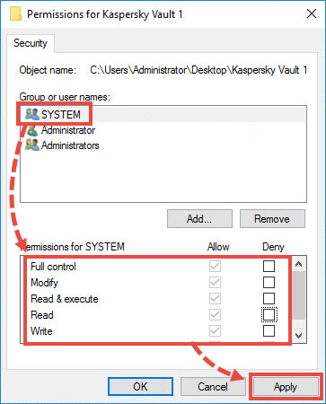 Allowing full access for the System user account