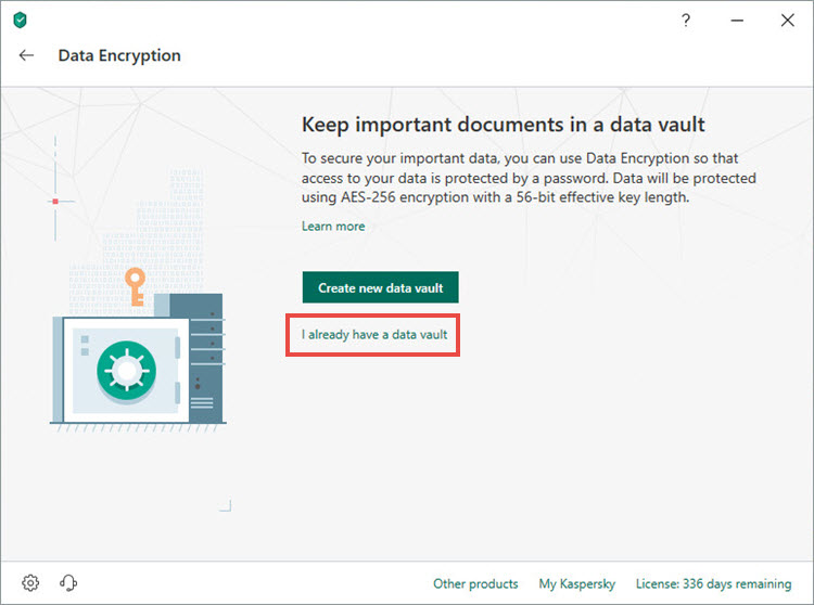 the Data Encryption window in Kaspersky Total Security 19